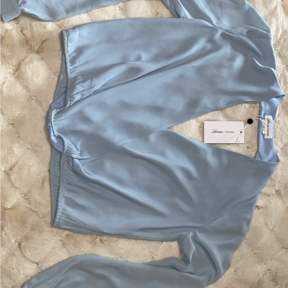 Lovers + Friends Pale Blue Satin Wrap Blouse